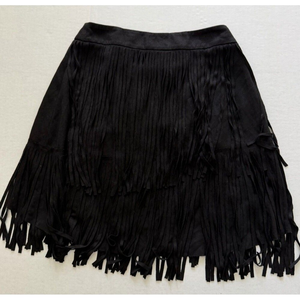 Blue B Faux Suede Fringe Black Wrap Skirt XS Western Cowgirl Rodeo Hippie